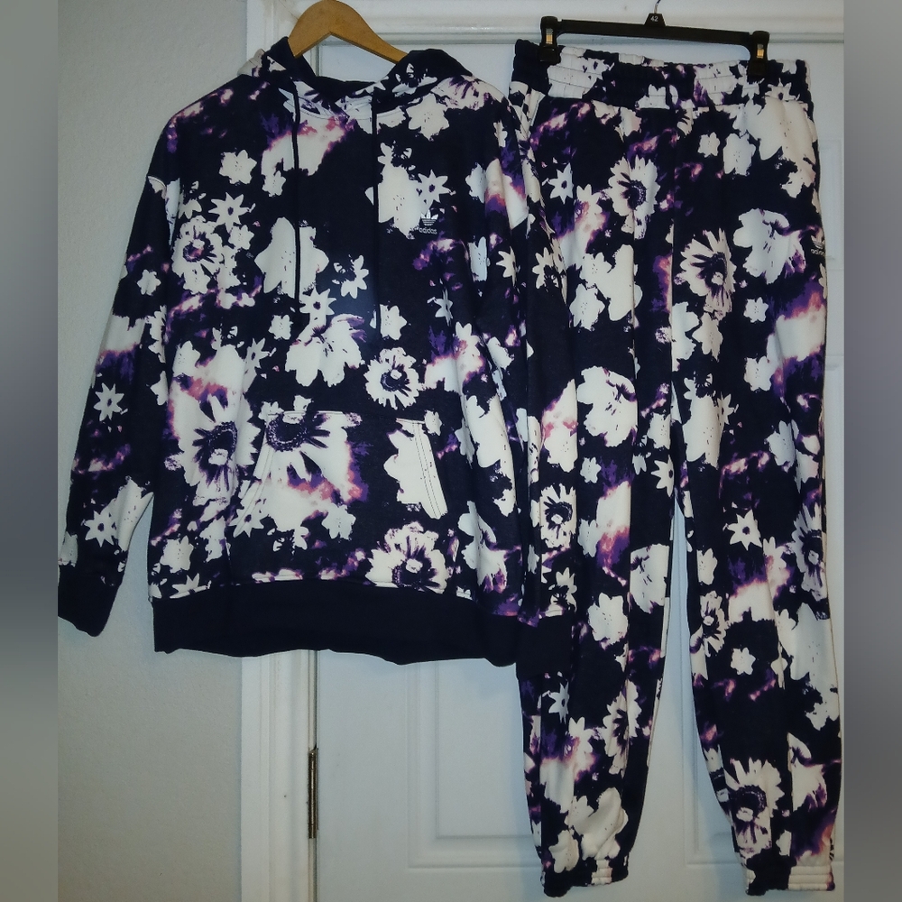 adidas Women's Floral Tie-Dye Hoodie & Joggers Set in Navy, White, Purple